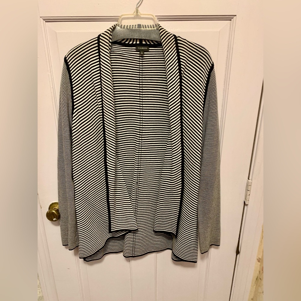 Talbots striped open sweater cardigan -Black/White-L